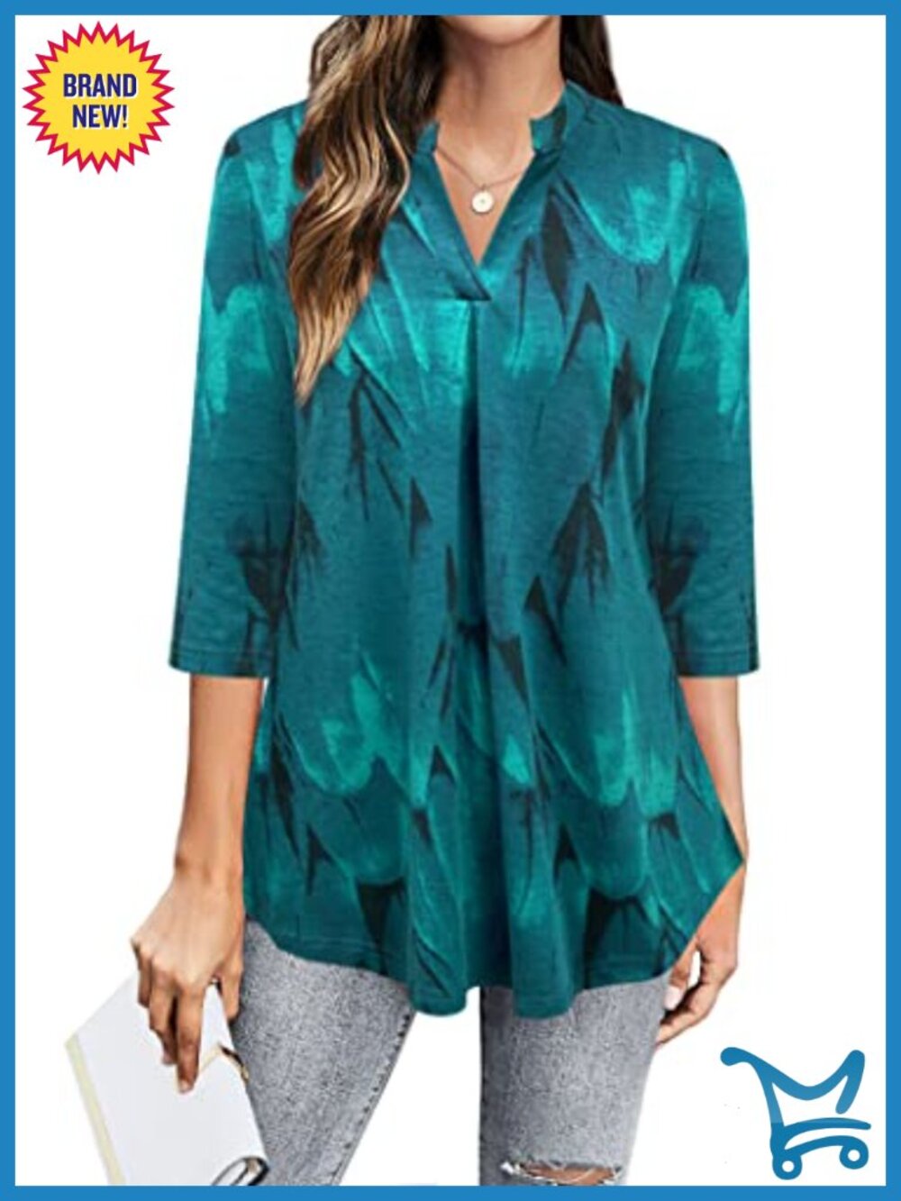 Womens 3/4 Sleeve V Neck Pleated Blouse Loose Fit Business Casual Top